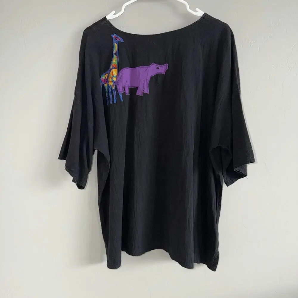 VTG Alfredo’s Wife Woman’s Sz M Appliqué Blouse Whimsical Giraffe Elephant Art - Picture 2 of 7